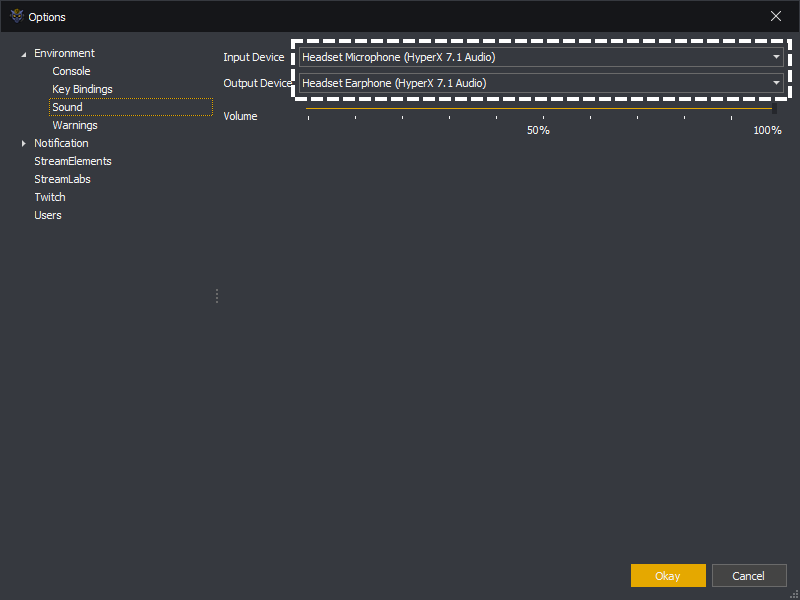 InstructBot options showing how to assign the input and output sound device.