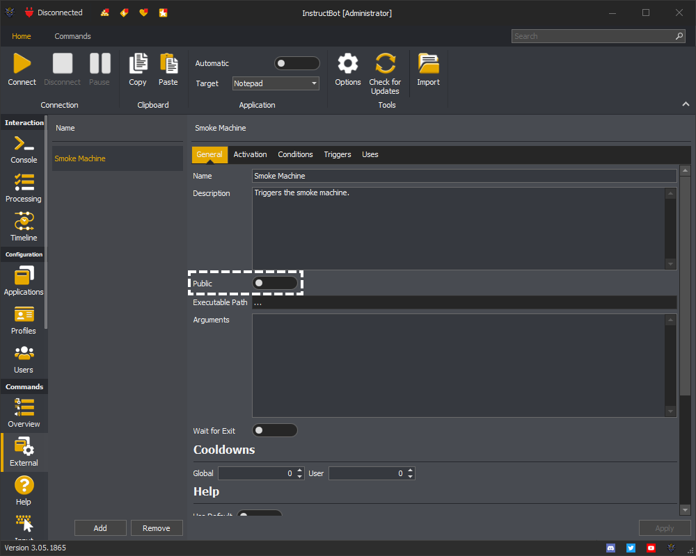 InstructBot showing the public toggle button of a command.